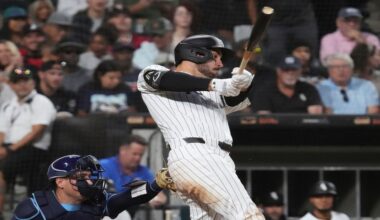 Chicago White Sox's Mike Tauchman hits a two-run double during the second inning of a baseball game against the Tampa Bay Rays in Chicago, Wednesday, Sept. 10, 2025. (AP Photo/Nam Y. Huh)