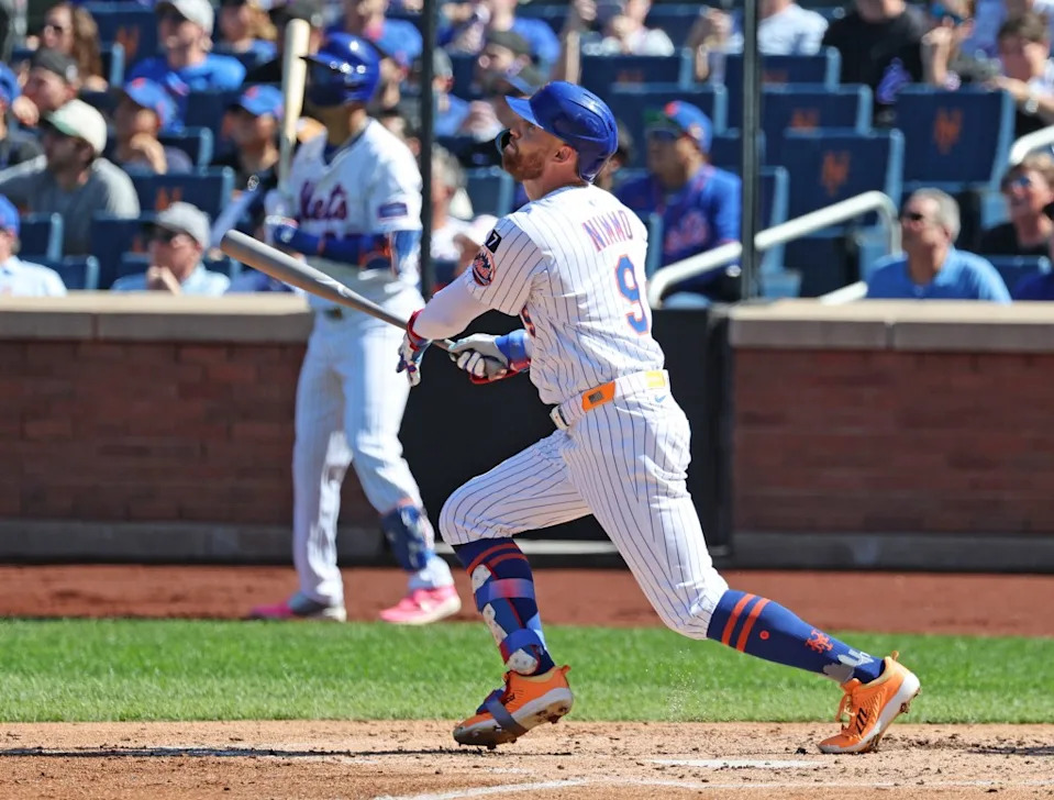 Mets left fielder Brandon Nimmo #9 hits a three-run home run in the 3rd inning. Charles Wenzelberg / New York Post