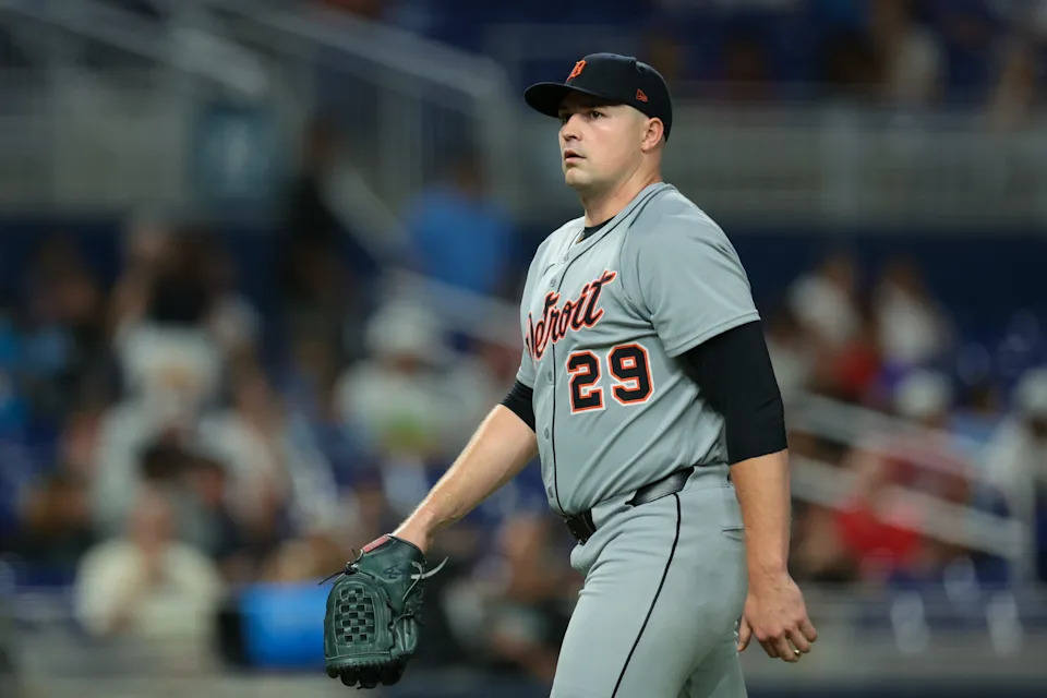 Detroit Tigers starting pitcher Tarik Skubal (29) looks on against the Miami Marlins during the first inning at loanDepot Park in Miami on Friday, Sept. 12, 2025.