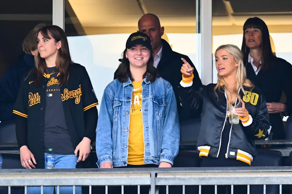 PITTSBURGH, PA - MAY 11: Guests of Paul Skenes #30 of the Pittsburgh Pirates including Olivia 'Livvy' Dunne look on from their seats during the game between the Chicago Cubs and the Pittsburgh Pirates at PNC Park on Saturday, May 11, 2024 in Pittsburgh, Pennsylvania. (Photo by Joe Sargent/MLB Photos via Getty Images)Joe Sargent/Getty Images