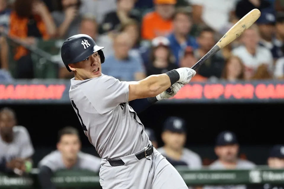 Anthony Volpe, who had two hits, singles in the third inning of the Yankees’ win over the Orioles. Daniel Kucin Jr.-Imagn Images