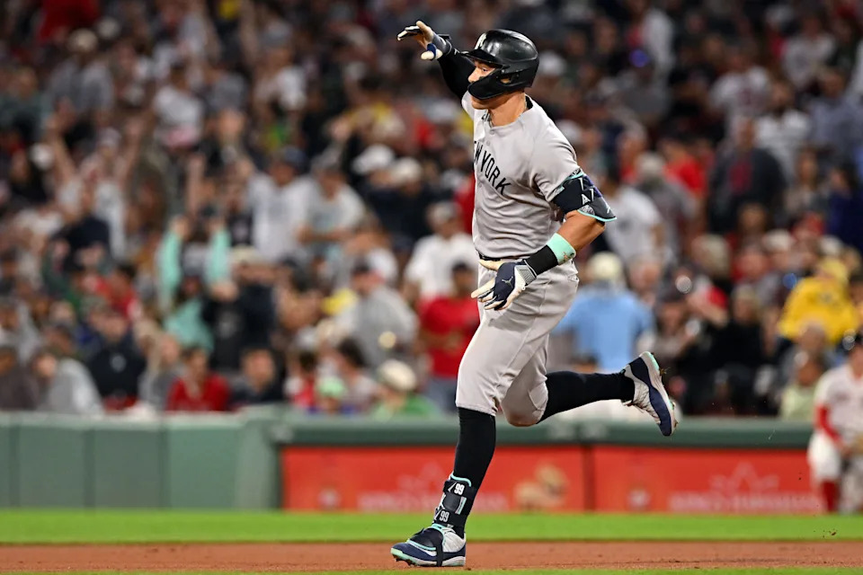 Sep 14, 2025; Boston, Massachusetts, USA; New York Yankees right fielder Aaron Judge (99) runs the bases after hitting a solo home run against the Boston Red Sox during the fifth inning at Fenway Park. Mandatory Credit: Brian Fluharty-Imagn Images