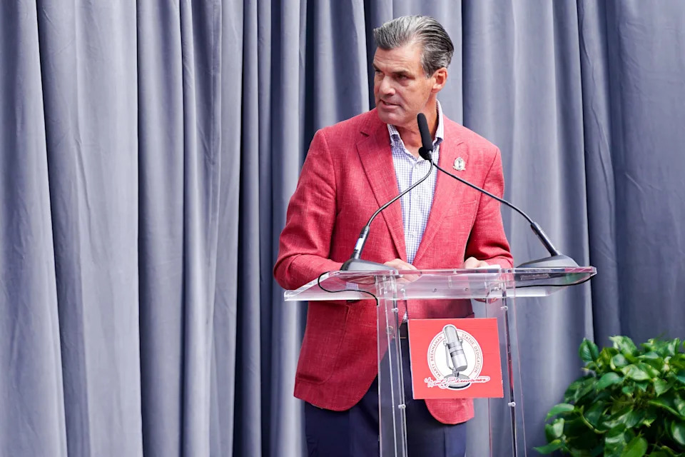 Chief Operating Officer Phil Castellini gives a speech during statue unveiling for former Cincinnati Reds sportscaster Marty Brennaman at Croseley Terrace, Saturday, Sept. 6, 2025, at Great American Ball Park in downtown Cincinnati.