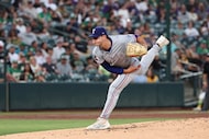 Texas Rangers pitcher Jack Leiter throws to the Athletics during the second inning of a...