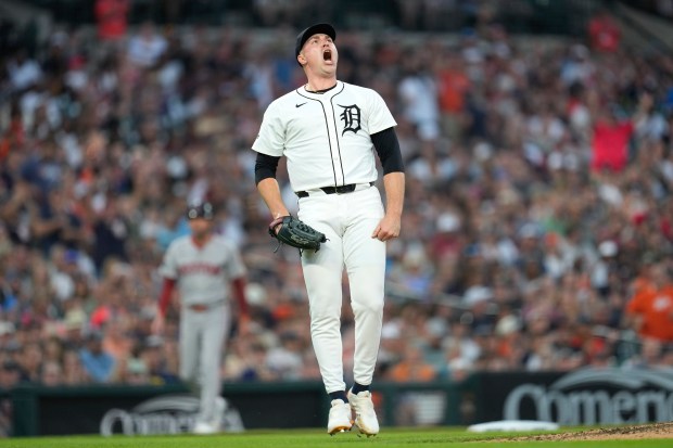Detroit Tigers pitcher Tarik Skubal reacts to striking out Boston Red Sox's Ceddanne Rafaela in the eighth inning of a game, Saturday, Aug. 31, 2024 in Detroit. (AP Photo/Paul Sancya)