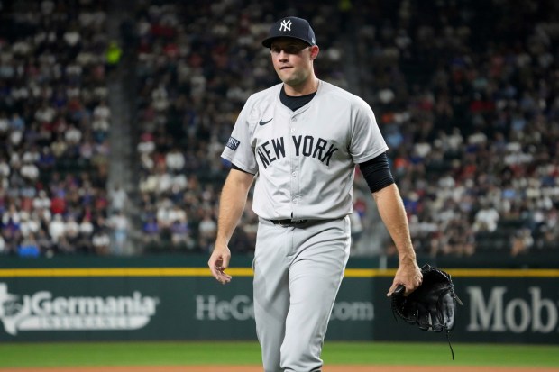 Relief pitcher Tim Mayza walks off the field after a Sept. 4, 2024 game for the New York Yankees. Mayza was claimed off waivers by the Phillies on Sunday and added to the roster on Monday. (AP Photo/Jeffrey McWhorter)