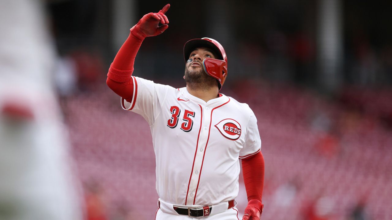 Cincinnati Reds' Jose Trevino reacts after hitting a 2-run home run during the second inning of a baseball game against the St. Louis Cardinals, Thursday, May 1, 2025, in Cincinnati. (AP Photo/Abdoul Sow)