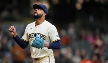 Milwaukee Brewers' Joel Payamps gestures as he walks to the dugout during the seventh inning of a baseball game against the Baltimore Orioles, Tuesday, May 20, 2025, in Milwaukee. (AP Photo/Aaron Gash)