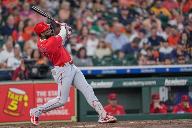 The Angels’ Jo Adell hits a two-run home run during...