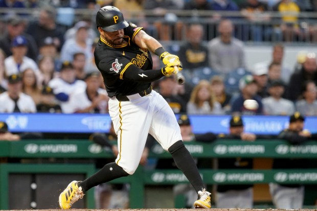 Pittsburgh Pirates’ Tommy Pham hits an RBI single during the...