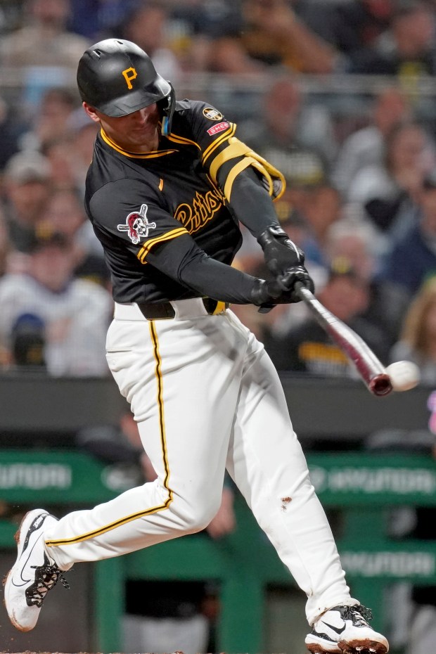 The Pittsburgh Pirates’ Nick Yorke hits an RBI double during...
