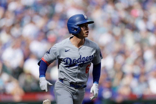 Dodgers’ Hyeseong Kim watches his two-run home run hit off...