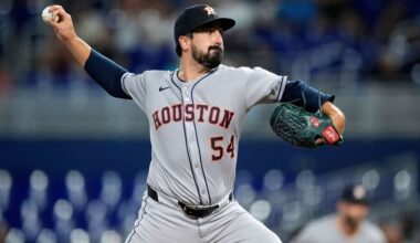 Houston Astros starting pitcher Jason Alexander (54) pitches in the first inning of a baseball game against the Miami Marlins, Monday, Aug. 4, 2025, in Miami. (AP Photo/Rebecca Blackwell)