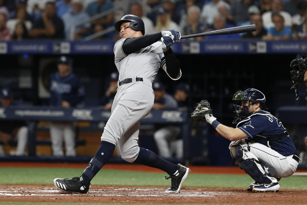 ST. PETERSBURG, FL - SEPTEMBER 24: New York Yankees right fielder Aaron Judge (99) at bat during the MLB game between the New York Yankees and Tampa Bay Rays on September 24, 2019 at Tropicana Field in St. Petersburg, FL. (Photo by Mark LoMoglio/Icon Sportswire)