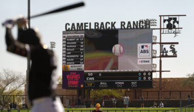 The Automated Ball-Strike System (ABS), or robot umpires, plays on the scoreboard after a pitch cal...
