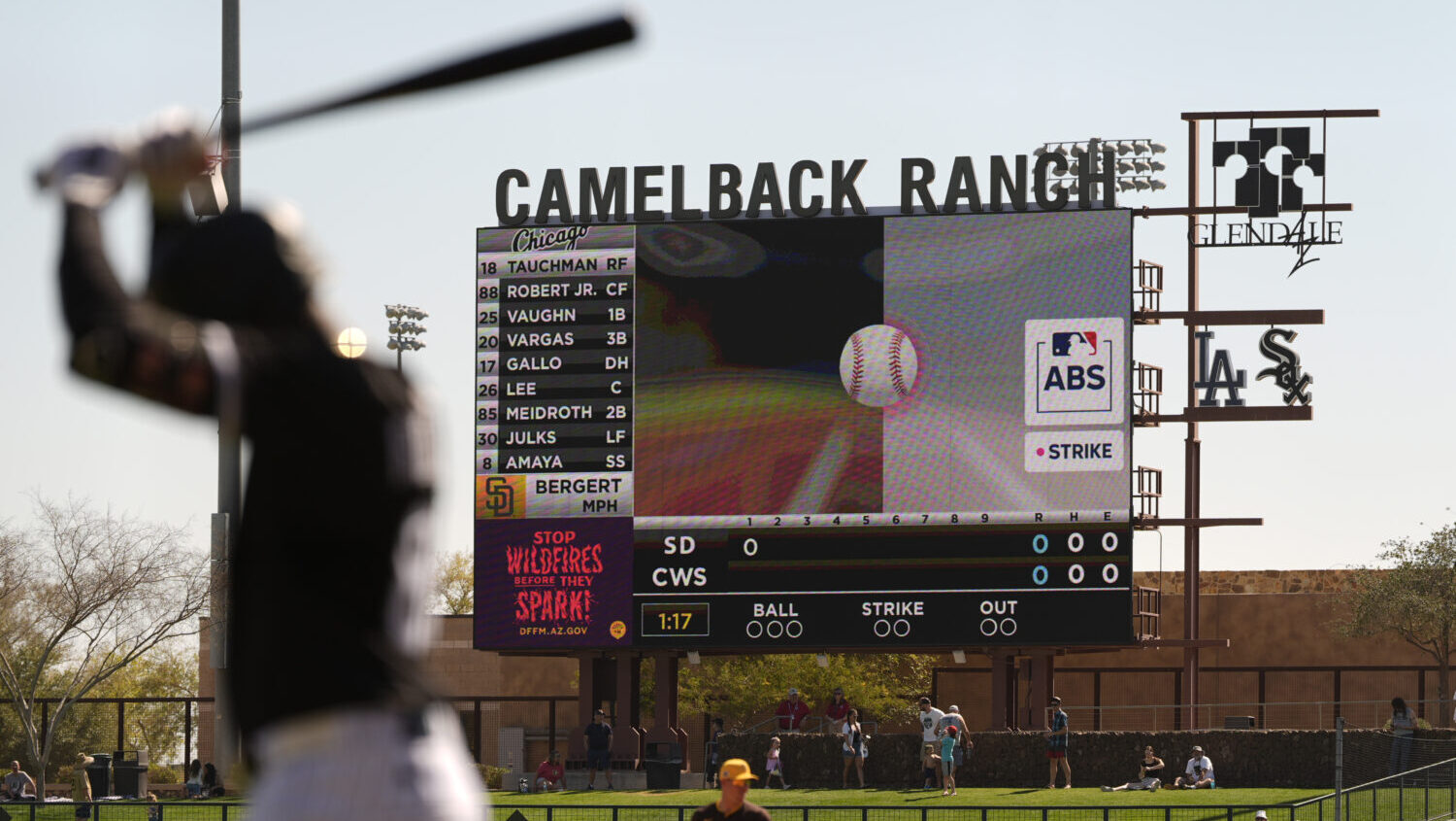 The Automated Ball-Strike System (ABS), or robot umpires, plays on the scoreboard after a pitch cal...