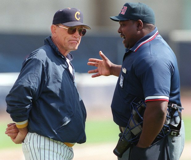 University of California Bears baseball coach Bob Milano gets in disagreement with an umpire during Cal's game against Stanford on Saturday April 24, 1999. Milano is back coaching after heart surgery. (Kendra Luck/ Contra Costa Times Archives)
