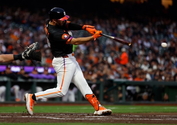 San Francisco Giants' Casey Schmitt (10) hits a single against...
