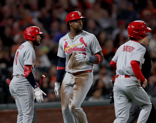St. Louis Cardinals’ Jordan Walker #18 is congratulated by Victor...