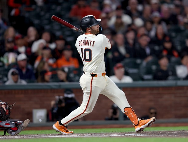 San Francisco Giants’ Casey Schmitt #10 hits a single off...