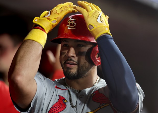 St. Louis Cardinals’ Iván Herrera #48 celebrates in the dugout...