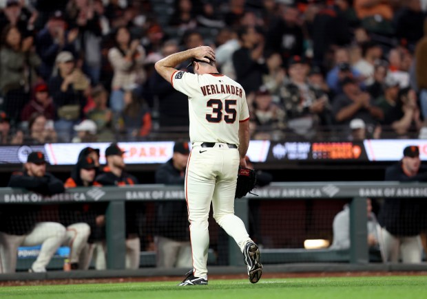 San Francisco Giants starting pitcher Justin Verlander #35 leaves the...