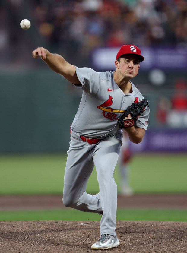 St. Louis Cardinals starting pitcher Michael McGreevy #36 throws against...