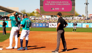 FILE - An outfield screen shows a graphic indicating Seattle Mariners' Julio Rodriguez challenged a...