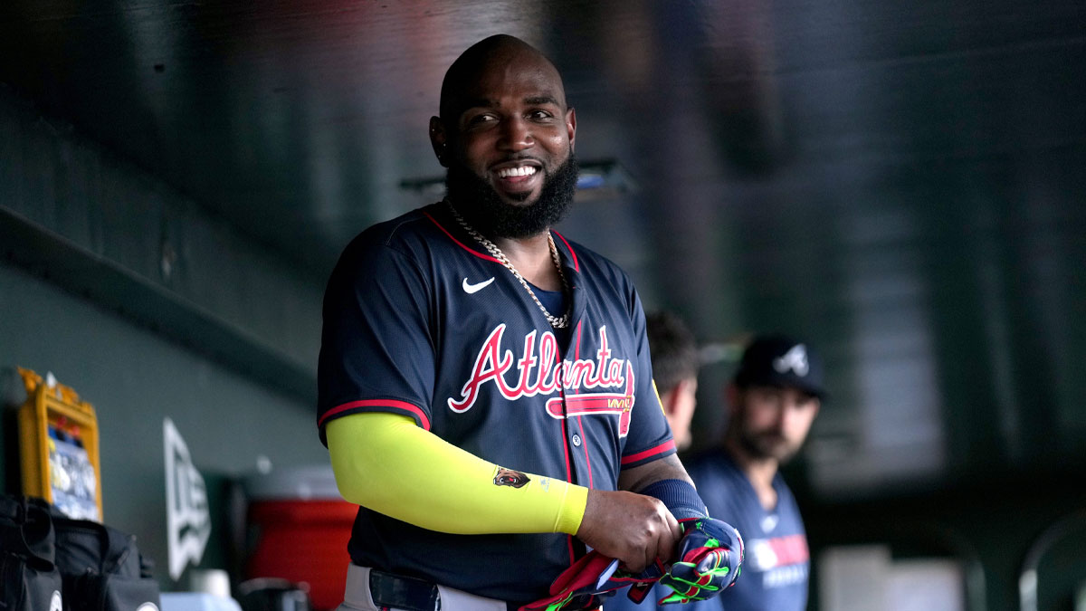 Atlanta Braves designated hitter Marcell Ozuna (20) reacts after the Braves scored a run against the Athletics in the first inning at Sutter Health Park.