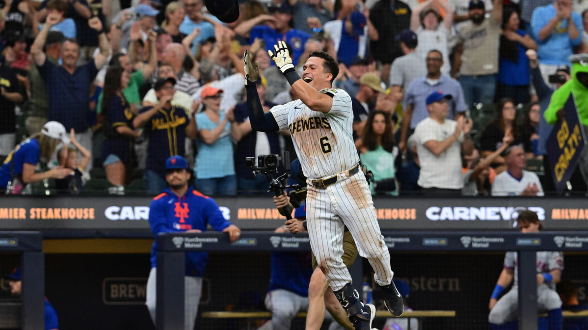 Milwaukee Brewers left fielder Isaac Collins (6) celebrates after hitting a walk-off home run in the ninth inning against the New York Mets at American Family Field.