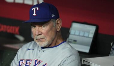 Texas Rangers manager Bruce Bochy pauses in the team dugout prior to a baseball game against the Arizona Diamondbacks Tuesday, Sept. 2, 2025, in Phoenix. (AP Photo/Ross D. Franklin)
