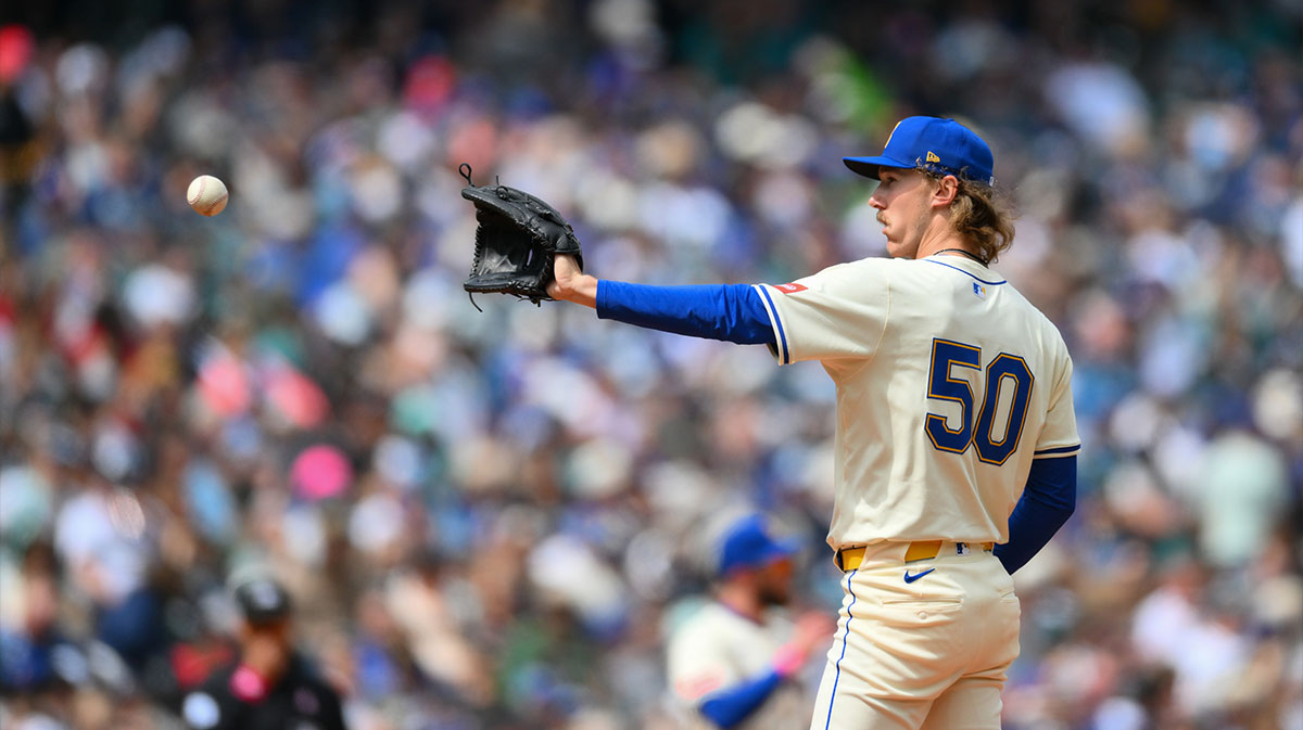 Seattle Mariners starting pitcher Bryce Miller (50) catches a thrown ball during the fifth inning against the Toronto Blue Jays at T-Mobile Park.