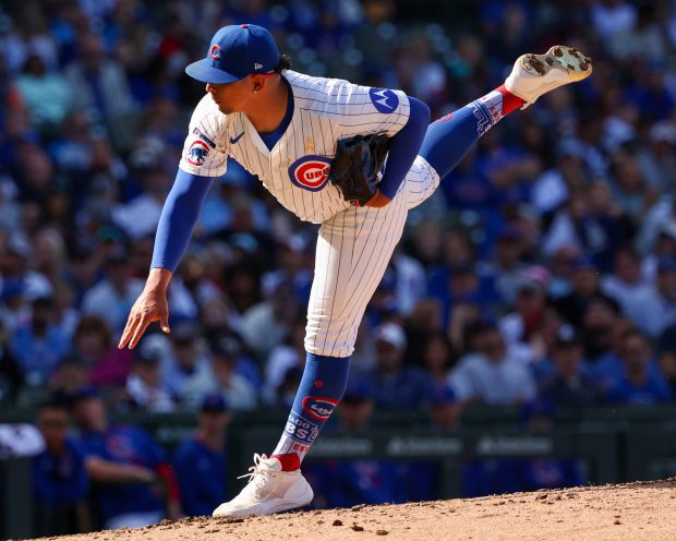 Chicago Cubs closer Daniel Palencia (48) pitches in the top of the ninth inning at Wrigley Field on Sept. 7, 2025, in Chicago. Palencia blew the save and the Cubs lost 6-3. (Stacey Wescott/Chicago Tribune)