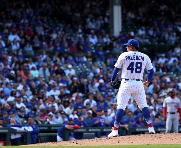 Chicago Cubs closer Daniel Palencia (48) pauses during pitches in the top of the ninth inning at Wrigley Field on Sept. 7, 2025, in Chicago. Palencia blew the save and the Cubs lost 6-3. (Stacey Wescott/Chicago Tribune)