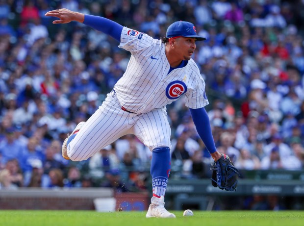 Chicago Cubs closer Daniel Palencia (48) rushes to field a ball that turned out to be a foul ball in the top of the ninth inning at Wrigley Field on Sept. 7, 2025, in Chicago. Palencia blew the save and the Cubs lost 6-3. (Stacey Wescott/Chicago Tribune)