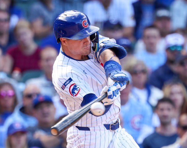 Chicago Cubs third base Matt Shaw (6) hits a single in the bottom of the ninth inning against the Washinton Nationals at Wrigley Field on Sept. 7, 2025, in Chicago. (Stacey Wescott/Chicago Tribune)