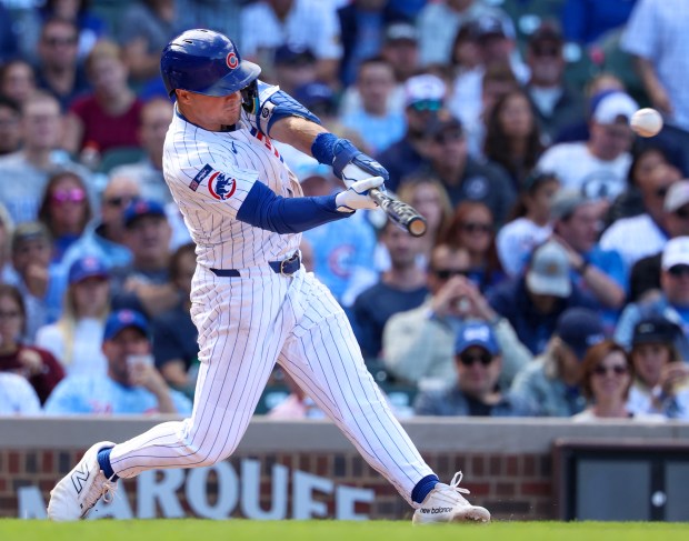 Chicago Cubs third base Matt Shaw (6) hits a single in the bottom of the ninth inning against the Washinton Nationals at Wrigley Field on Sept. 7, 2025, in Chicago. (Stacey Wescott/Chicago Tribune)