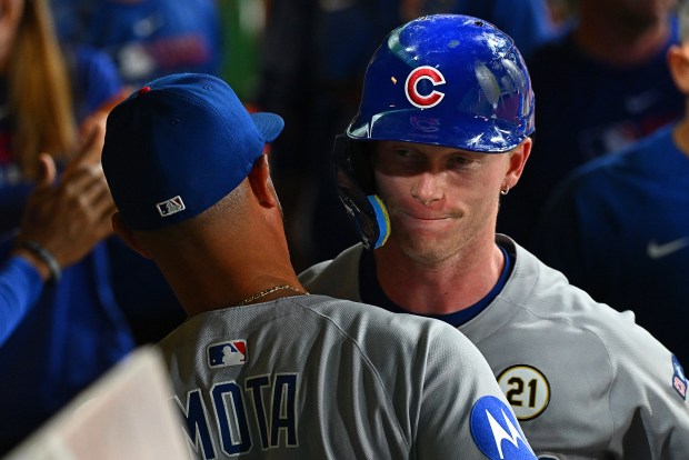 Cubs center fielder Pete Crow-Armstrong celebrates his solo home run in the sixth inning against the Pirates on Monday, Sept. 15, 2025 in Pittsburgh. (Justin Berl/Getty Images)