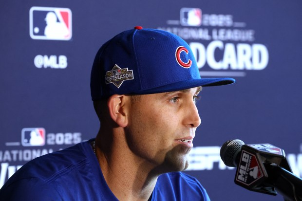 Chicago Cubs pitcher Matthew Boyd speaks to the media at Wrigley Field on Monday, Sept. 29, 2025, as the team gets ready to face the Padres in a wild-card playoff series starting on Tuesday. Boyd will start game 1. (Terrence Antonio James/Chicago Tribune)