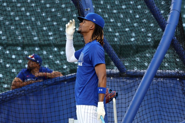 Chicago Cubs outfielder Kevin Alcántara takes batting practice at Wrigley Field in Chicago on Monday, Sept. 29, 2025, as the team gets ready to face the Padres in a wild-card playoff series starting on Tuesday. (Terrence Antonio James/Chicago Tribune)