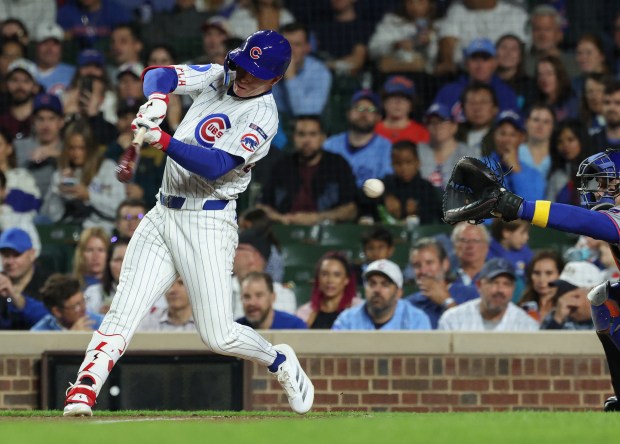 Cubs center fielder Pete Crow-Armstrong strikes out swinging against the Mets in the second inning at Wrigley Field on Sept. 25, 2025, in Chicago. (John J. Kim/Chicago Tribune)