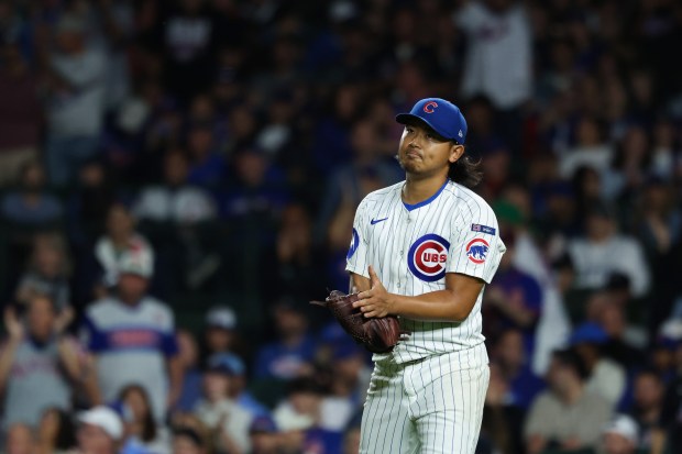 Cubs starting pitcher Shota Imanaga stands on the mound after giving up a three-run home run to Mets third baseman Brett Baty in the fourth inning at Wrigley Field on Sept. 25, 2025, in Chicago. (John J. Kim/Chicago Tribune)