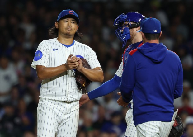 Cubs starting pitcher Shota Imanaga is taken out of the game in the sixth inning against the Mets at Wrigley Field on Sept. 25, 2025, in Chicago. (John J. Kim/Chicago Tribune)