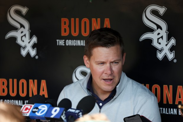 Chicago White Sox general manager Chris Getz answers questions during a press conference before the Sox game against the Baltimore Orioles at Rate Field on Wednesday, Sept. 17, 2025. (Eileen T. Meslar/Chicago Tribune)