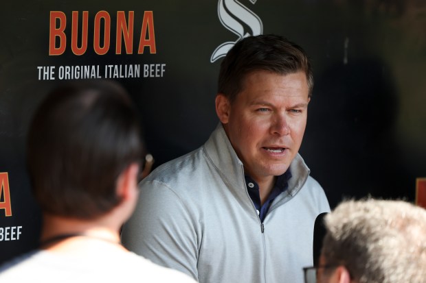White Sox general manager Chris Getz answers questions during a news conference before a game against the Orioles on Wednesday, Sept. 17, 2025, at Rate Field. (Eileen T. Meslar/Chicago Tribune)