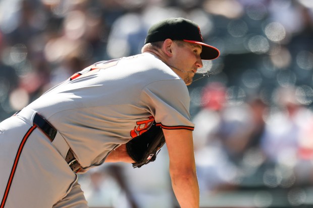 Baltimore Orioles pitcher Tyler Wells (68) pitches during the first inning against the Chicago White Sox at Rate Field on Wednesday, Sept. 17, 2025. (Eileen T. Meslar/Chicago Tribune)