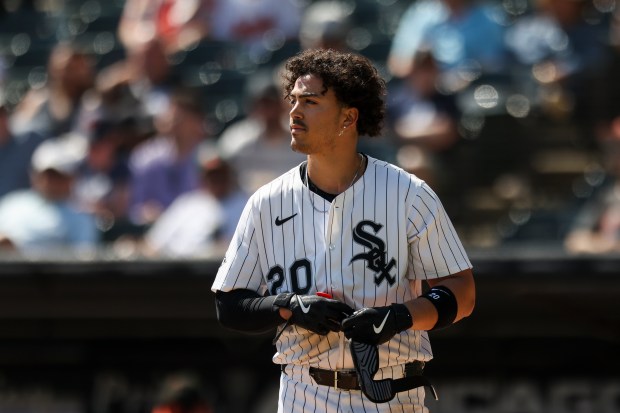 Chicago White Sox third base Miguel Vargas (20) stands at the plate after being called out on strikes during the first inning against the Baltimore Orioles at Rate Field on Wednesday, Sept. 17, 2025. (Eileen T. Meslar/Chicago Tribune)