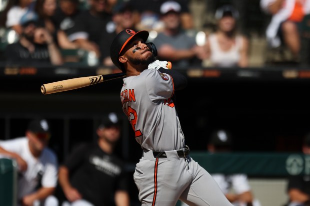 Baltimore Orioles second base Jeremiah Jackson (82) hits a foul ball during the fourth inning against the Chicago White Sox at Rate Field on Wednesday, Sept. 17, 2025. (Eileen T. Meslar/Chicago Tribune)