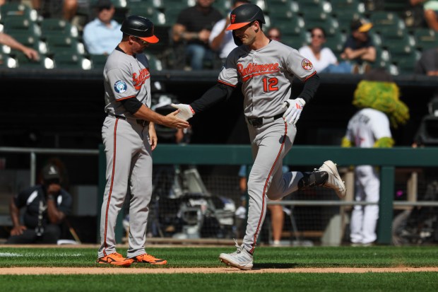 Baltimore Orioles outfielder Dylan Beavers (12) celebrates his two-run home run as he jogs toward home plate during the fourth inning against the Chicago White Sox at Rate Field on Wednesday, Sept. 17, 2025. (Eileen T. Meslar/Chicago Tribune)