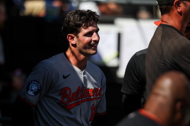 Baltimore Orioles outfielder Dylan Beavers (12) smiles in the dugout after hitting a two-run home run during the fourth inning against the Chicago White Sox at Rate Field on Wednesday, Sept. 17, 2025. (Eileen T. Meslar/Chicago Tribune)